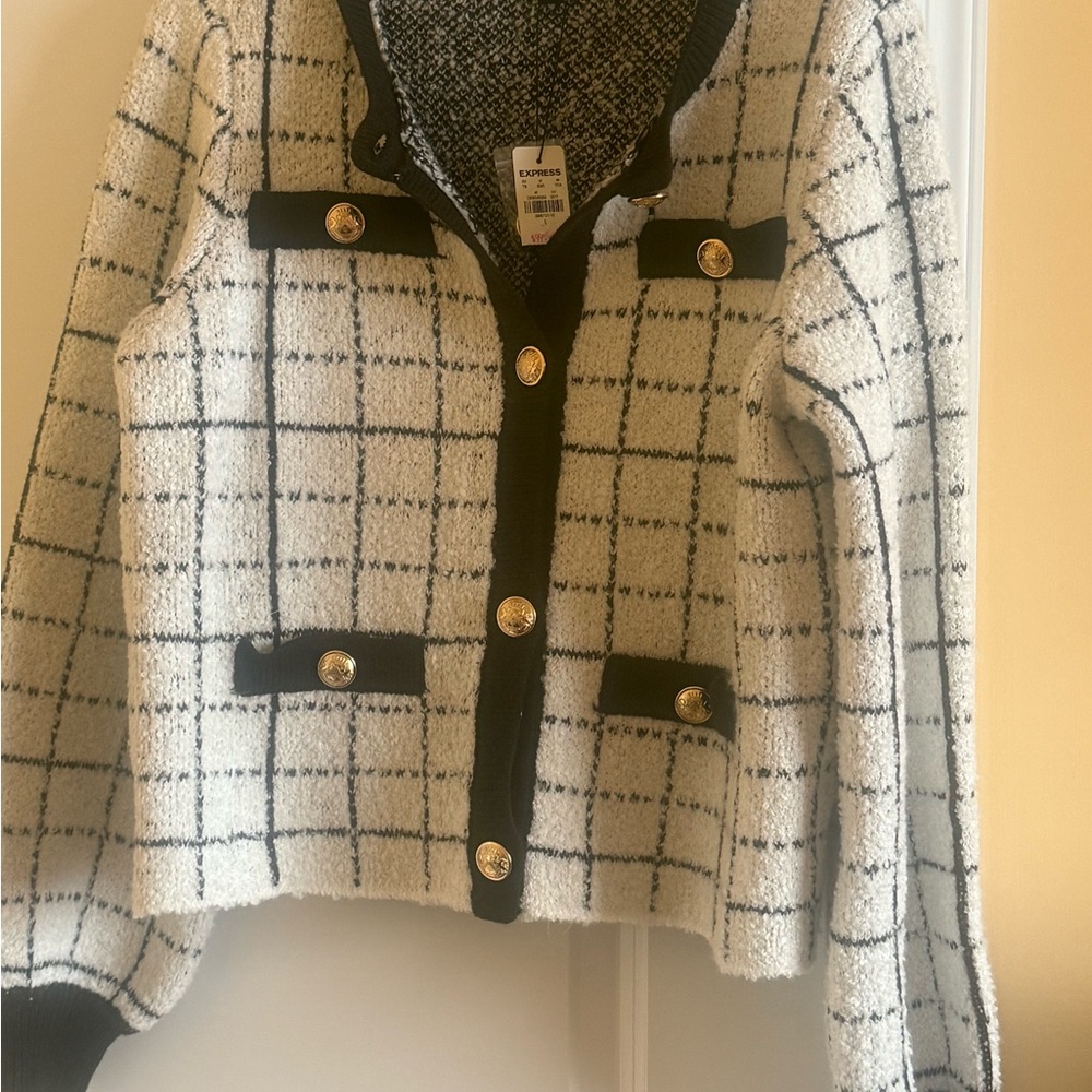 Express Black and White Plaid Cardigan with Gold Accents